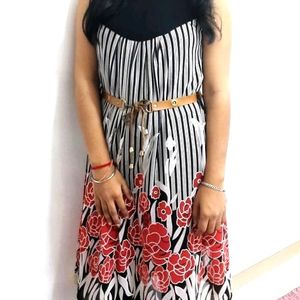 Beautiful Black And White Dress With red Flowers Print