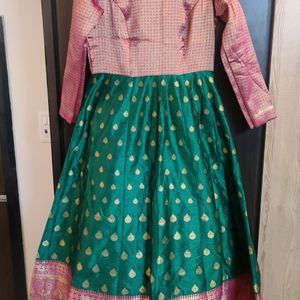 Pink And Green Pure Benarasi Frock With Dupatta