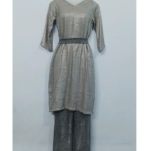 Sequence Dress Silver With Sparkle Belt And Plazo