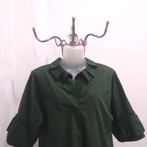 Dark Green Bell Sleeves Designed Collar Top