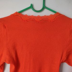 Coral Lace Trimmed Ribbed Top