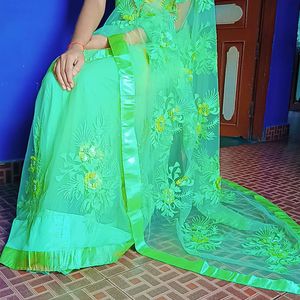 Green 💚 Colour Net Saree With Full Flower Design