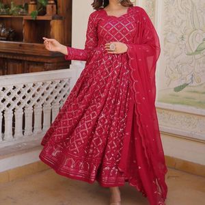 Gown With Dupatta - Wine , Rani