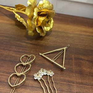 Set Of 3 Trendy Hairpins  - Golden