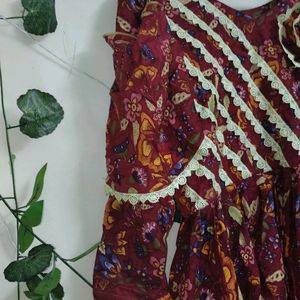 Maroon Colour Printed Wrap Dress With Multi Layer