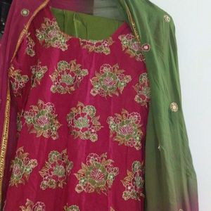 Beautiful Maroon And Green Dress Material