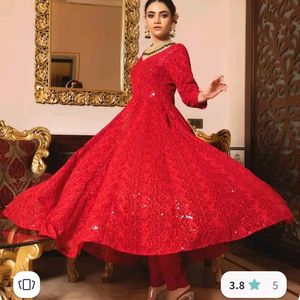 Red Chikankari Anarkali Kurta Set