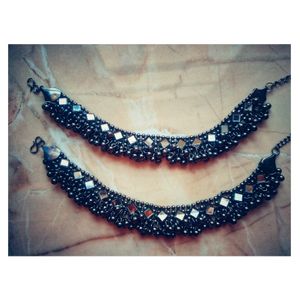 Black Anklets With Mirror Work