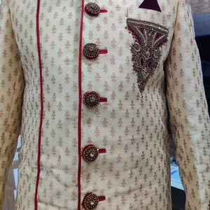 Men Sherwani Dhoti Stitched Set -Cream & Maroon