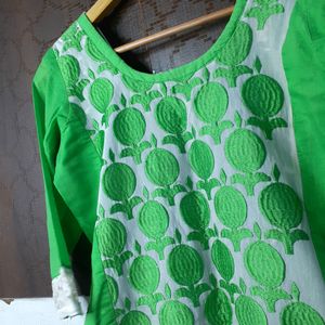 Bright Green Embroidered Kurta With Heavy Lace.