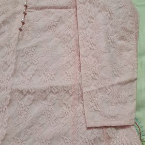 Pink net kurta with pearl buttons