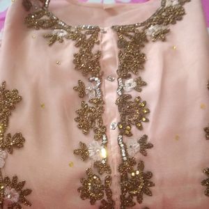 Peach Embroidered Partywear 3 Piece Set For Girls.