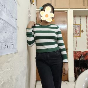 Zara Green And White Full Sleeves Winter Top