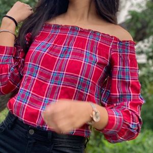 Off shoulder Red Check Shirt Top