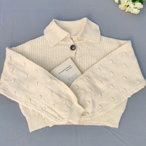 Crop Collared Puff Sleeve Cardigan