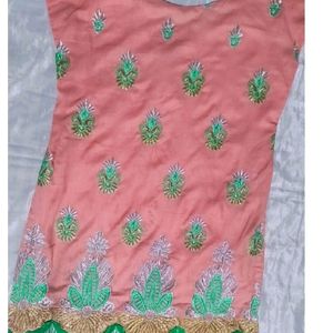 Peach Kurti With White Lace Pant