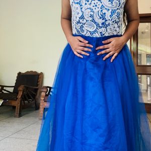 Vintage Blue White Tulle Gown Party Dress