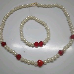 Red Charm Stones & Pearls:1 Bracelet,one Necklace