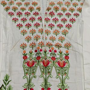 White Cotton Embroidered Kurti Fabric