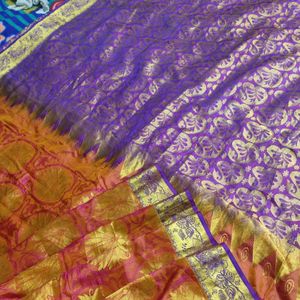 Orange And Violet Pure Silk Saree