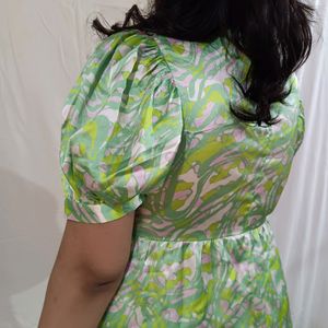 Green Abstract Print Fit & Flare Dress