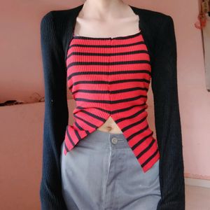 Korean Contrast Sleeve Knitted Top