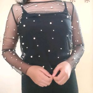 Pearl Studded Black Mesh Top🖤