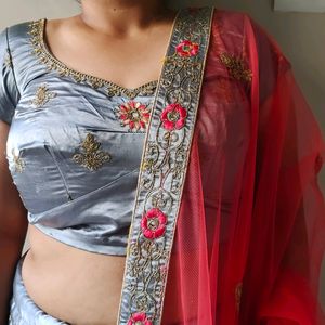 Grey Lehenga Choli With Pink & Golden Touch