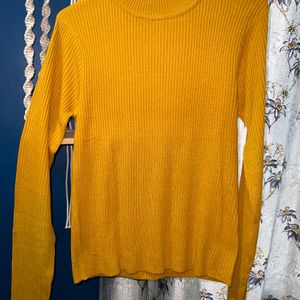 Women Striped High Neck YellowSweater