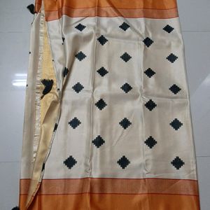 Cream White Orange Saree Black Blouse Stiched