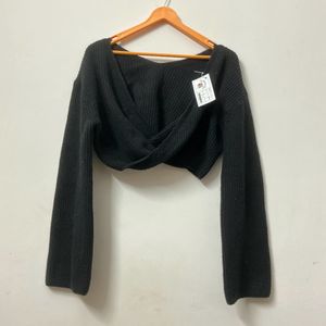 Black Flared Sleeve Deep Neck Sweater