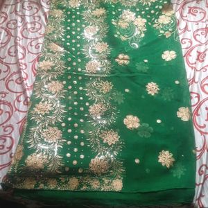 Green saree With Beautiful silver design