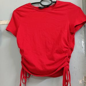 Drawstring Pullover Red Top