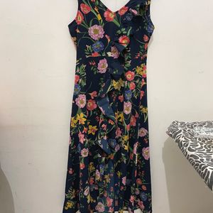 Code High Low Navy Blue Flower Print Dress