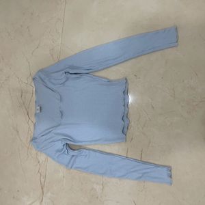 Beautiful Long Sleeve Blue Ribbed Fitted Crop Top