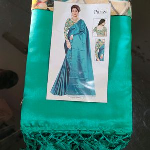 Sea Green Satin Saree With Blouse Piece.