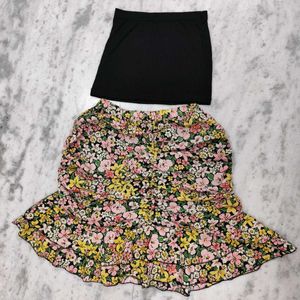 Floral Midi Skirt With Black Tube Top 🌸