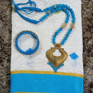 Blue Saree Set With Handmade Jewellery