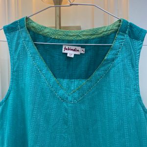 FabIndia Sea Green Sleeveless Kurti Top