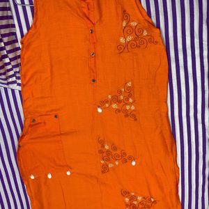 HANDWORK ORANGE SLEEVELESS KURTI