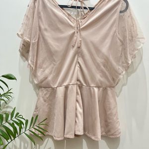 Nude Peach Peplum Top With Embroidery