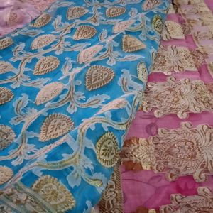 All Over Zari Work Half-Half Saree In Blue & Pink