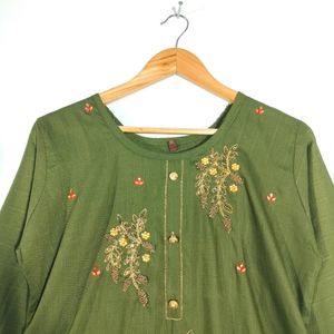 Olive Green Embroidery Kurtas (Women's)