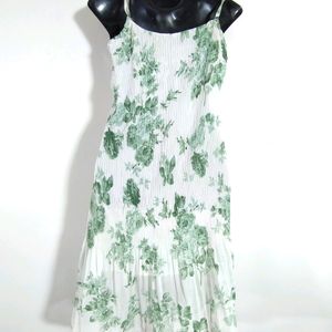 White With Green Printed Dress (Women's)