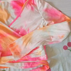 Neon Tie Dye Ribbed Wrap-tie Surplice Top