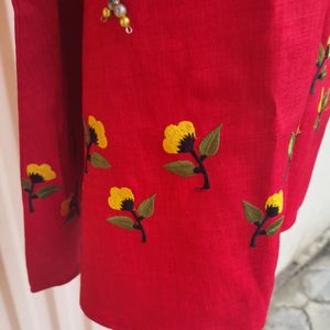 Red Daily Wear Kurta With Bell Sleeves