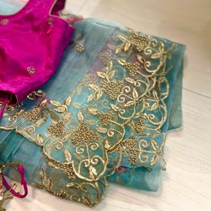 Blue Saree With Stiched Pink Blouse 🩷