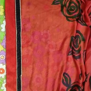 Red Black Floral Print Saree Synthetic