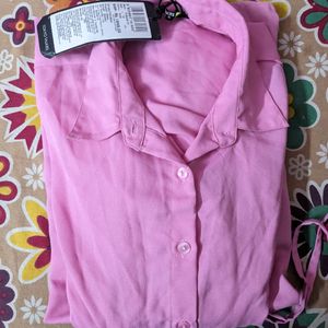 Pink Cuffed Sleeves Cut-Out Shirt Style Midi Drss