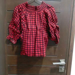 Off Shoulder Red Checkered Top